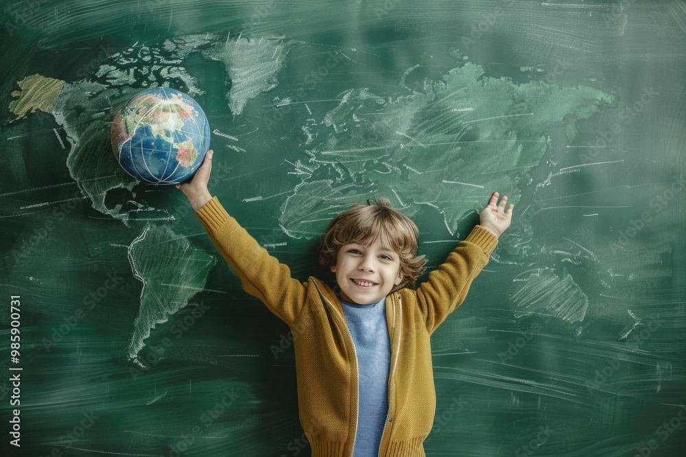 Aufkleber a young student stands in front of a blackboard with a globe, exploring the world