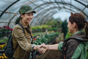 Fototapeta premium Two women shaking hands in a greenhouse setting