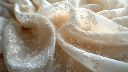 ethereal bridal textile with delicate lace patterns soft diffused lighting enhancing texture dreamy atmosphere with subtle shimmer and romantic details