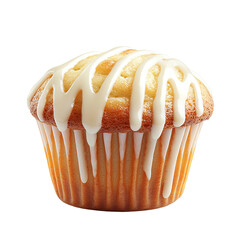 Delicious muffin with icing glaze, white background