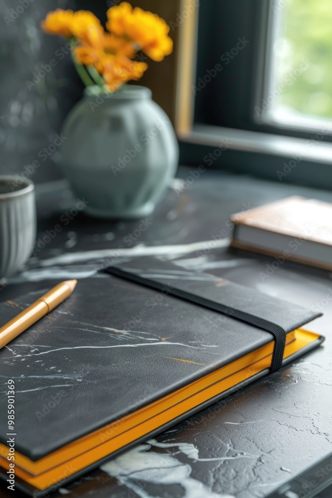 Poster a simple still life composition featuring a black notebook and a yellow pen