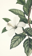A graceful white hibiscus blooms amid vibrant green leaves, showcasing intricate details against a pale backdrop