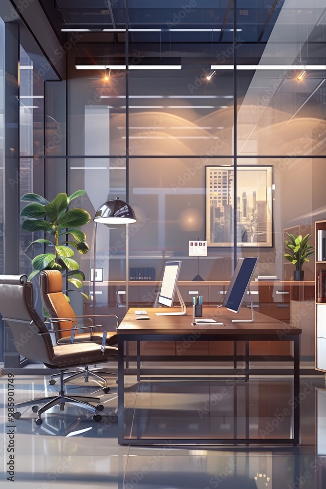 Aufkleber a desk with a laptop and a chair in an office setting