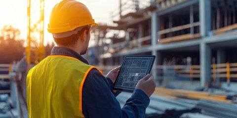 A construction worker uses a tablet to monitor project progress on a building site at sunset, showcasing modern technology in construction.