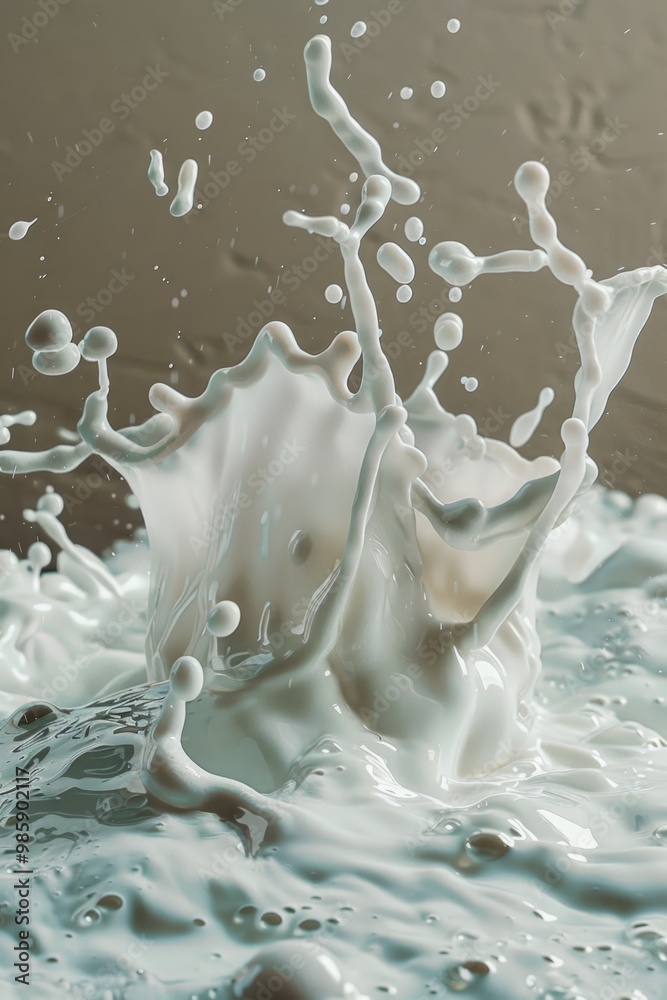 Poster A splash of milk on top of a table with a white surface and a subtle reflection