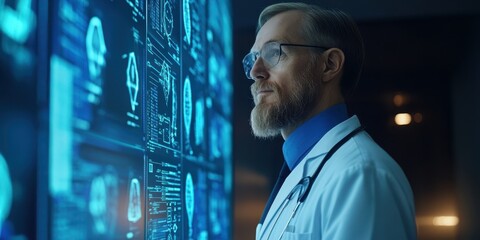 A focused doctor analyzes advanced data on a futuristic display, showcasing technology in modern medical practices.