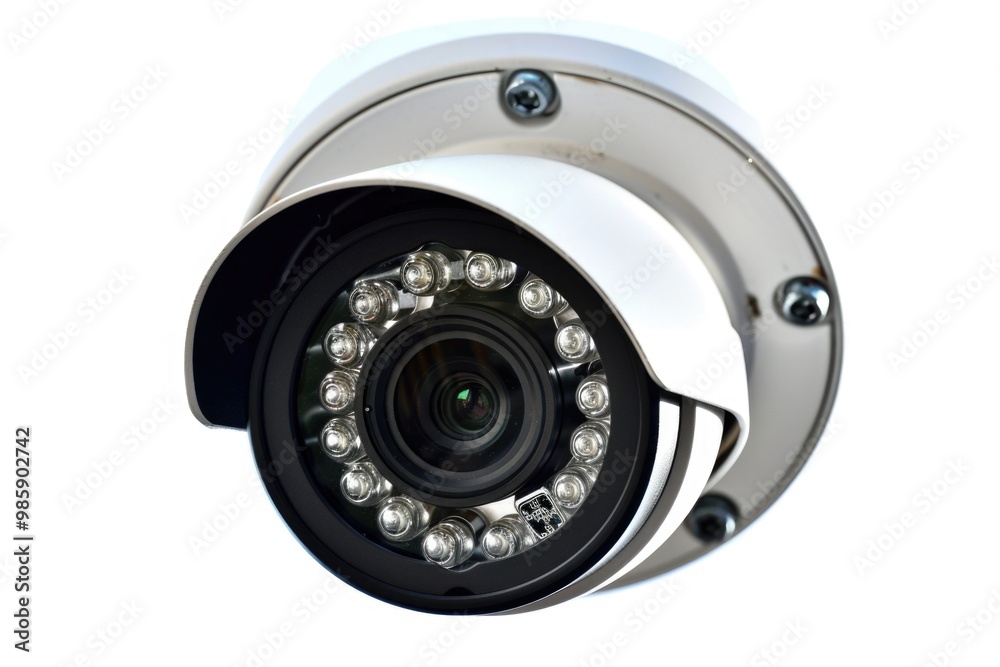 Poster a close-up view of a camera lens on a clean white background, suitable for illustrating photography-