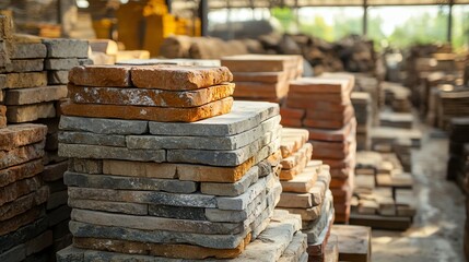 Stacked stone tiles on a pallet in a warehouse.
