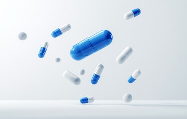 Blue pills falling down on white background with space for your text or design. Studio background.