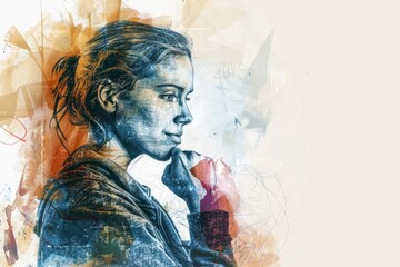 Fototapeta premium A portrait of a thoughtful woman with her hand on her chin, perfect for representing introspection and contemplation