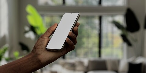 Black African-American male using smartphone with a blank white screen. Living room, interior design, arched window apps mockup. Vertical phone orientation