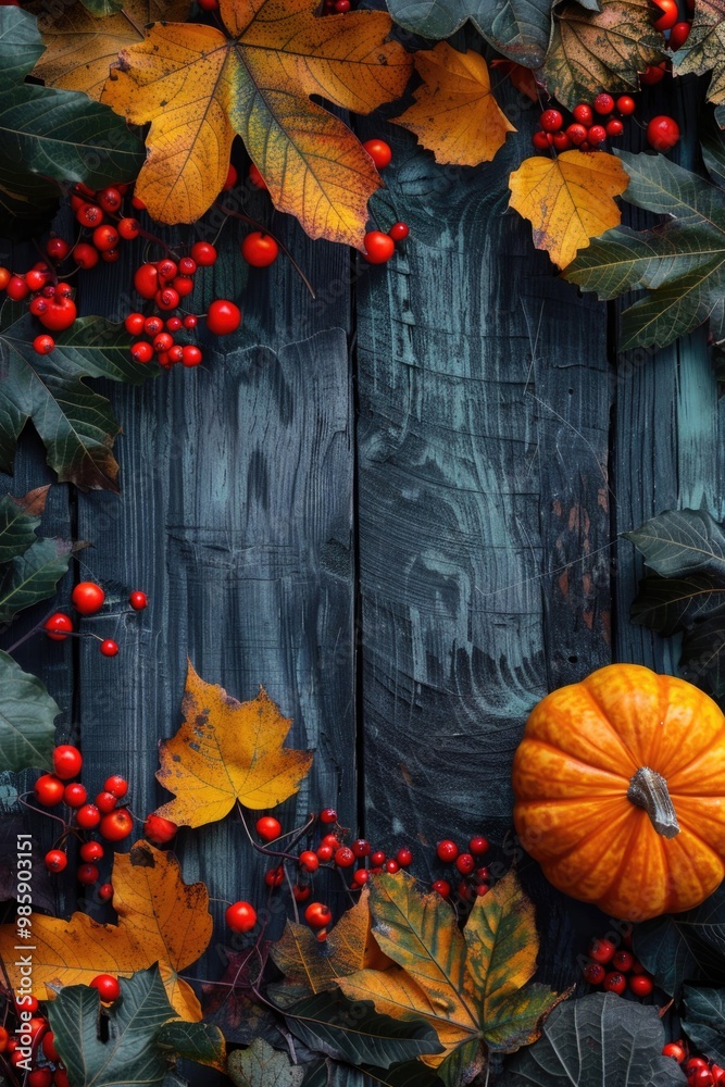 Sticker A pumpkin surrounded by leaves and berries on a wooden surface