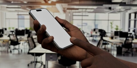 Black African-American male using smartphone with a blank white screen. Office interior, modern...