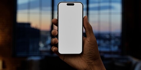 Black African-American male using smartphone with a blank white screen. Sunset, window, city apps mockup. Vertical phone orientation