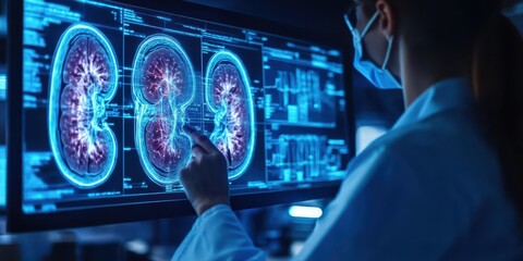 A healthcare professional analyzes a digital display of kidney scans, showcasing advanced medical technology.