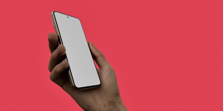 Caucasian White male using smartphone with a blank white screen. Red, solid, background apps mockup. Vertical phone orientation