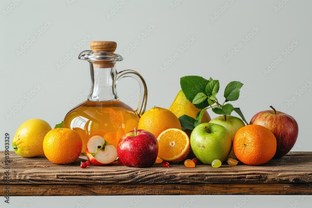 Poster a bottle of apple cider surrounded by various fruits on a table