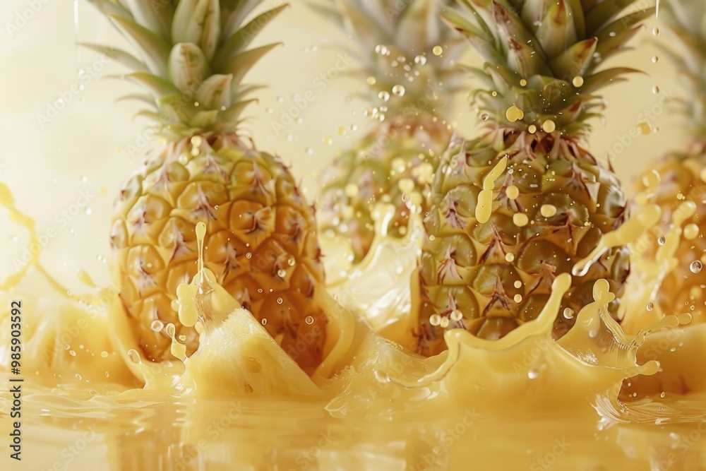 Aufkleber fresh pineapples splash into a pool of water, creating a fun and playful scene