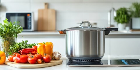 A modern kitchen scene featuring a stainless steel pot, fresh vegetables, and a sleek countertop ready for cooking.