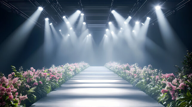 Empty catwalk with many spotlights, fashion event, runway podium stage. Runway Model. Illustration