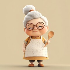 A cute chubby granny character stands upright in a quirky board game style. She smiles friendly and wears an apron over a cute dress, holding a wooden spoon or mixing bowl.
