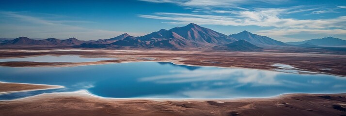 Fototapeta premium Aerial view of a salt flat and mountain range in Northern Argentina, showcasing the beauty of nature and the unique landscape of this region. The photo features a vast, blue sky, clear water, rugged m