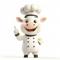 Fototapeta premium A cartoon white cow in a chef's costume, a Pichar-style character design with one thumb up, smiling at the camera, hands on hips, with a cute expression, against a white background