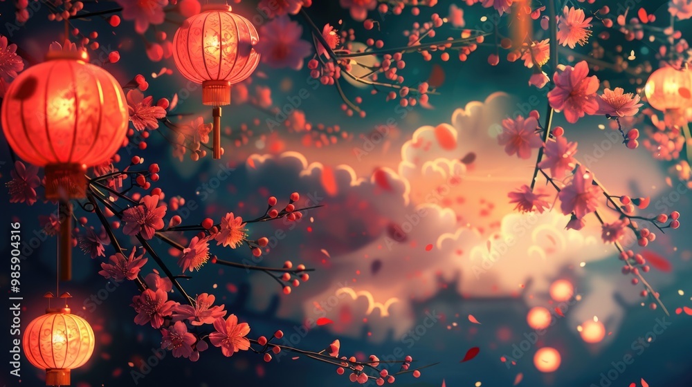 Poster Red lanterns hang from a tree branch, creating a warm and cozy atmosphere
