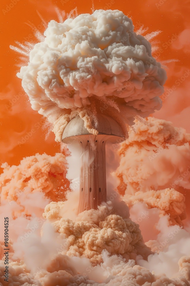 Poster a massive mushroom cloud appears in the cloudy sky, often seen after nuclear tests or volcanic erupt