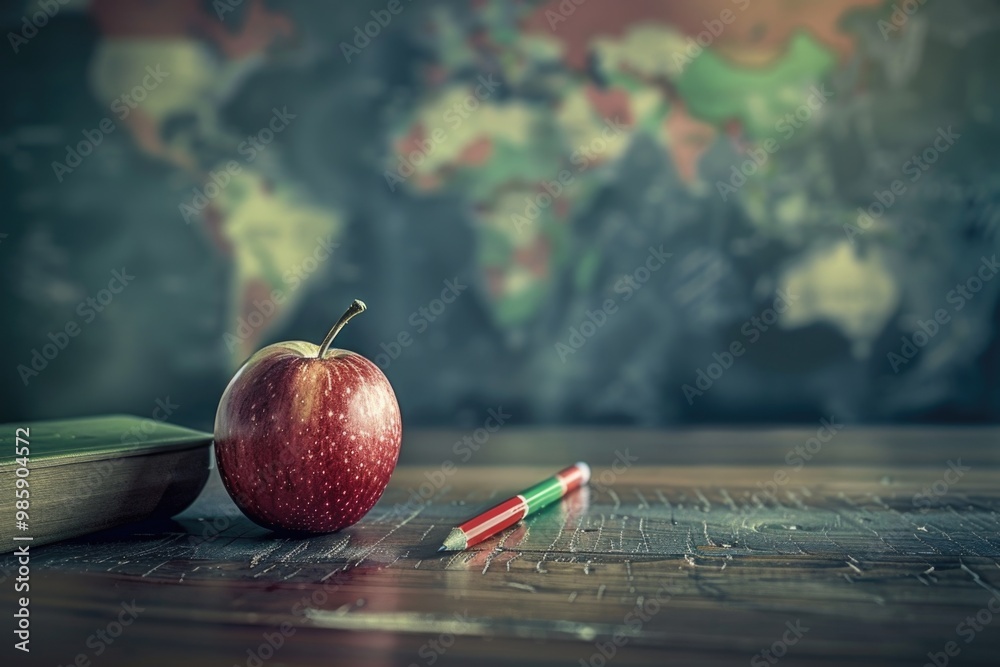 Poster a single red apple sits on a wooden table, ready for use or display