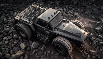 Futuristic cyberpunk heavy duty offroad car in desert with big wheels