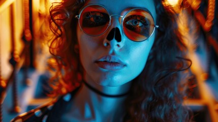 Obraz premium A woman with bright red hair and sunglasses poses confidently, great for editorial or advertising use
