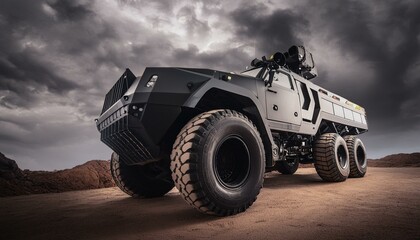 Futuristic cyberpunk heavy duty offroad car in desert with big wheels
