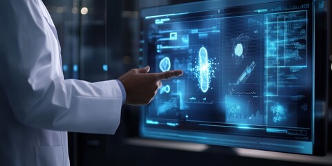 A scientist analyzes data on a digital screen, showcasing innovative technology in research and development.