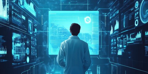 A scientist observes digital data displays in a high-tech laboratory, showcasing innovation and futuristic research.