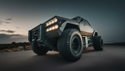 Futuristic cyberpunk heavy duty offroad car in desert with big wheels