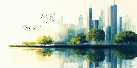 Obraz premium A serene landscape with skyscrapers reflecting on a calm lake, surrounded by lush trees and flying birds in a tranquil setting.
