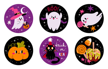 Happy Halloween Vector Round Shape Stickers. Cute Cake Toppers with pumpkin, ghosts candy corn and cat on a Black Background. Decoration for Halloween Party.