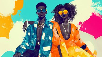Fashion editorial illustration, african people in colorful outfits, african fashion generative ai. Cyberpunk Fashion. Illustration