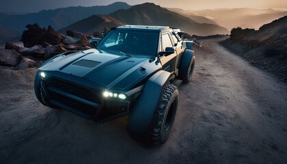 Naklejka premium Futuristic cyberpunk heavy duty offroad car in desert with big wheels