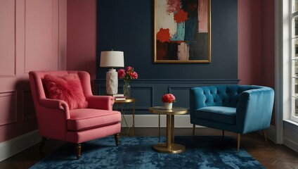 Bright pink chair in a vibrant blue room with stylish decor.