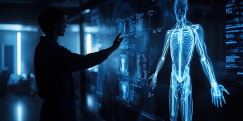 Fototapeta premium A user interacts with a digital interface displaying a 3D human anatomy model, showcasing technology in healthcare.