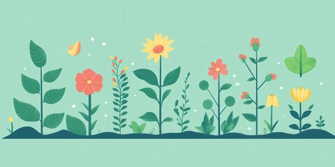 A vibrant array of colorful flowers and greenery against a soft backdrop, perfect for botanical and nature-themed projects.