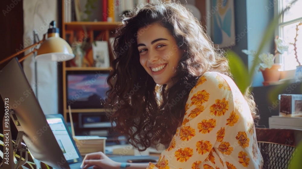Poster A person sitting in front of a laptop computer with a calm and focused expression