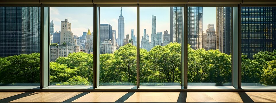 Fototapeta A view of the city from inside an office building, the New York skyline visible through glass windows. Trees can be seen outside, with towering skyscrapers in the distance. 