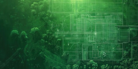 Fototapeta premium Aerial view of a green landscape with abstract grid patterns, symbolizing technology and nature in harmony.