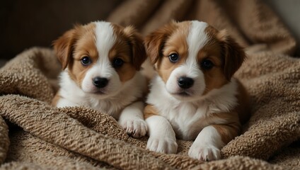 Brown and white puppies resting on a cozy blanket.