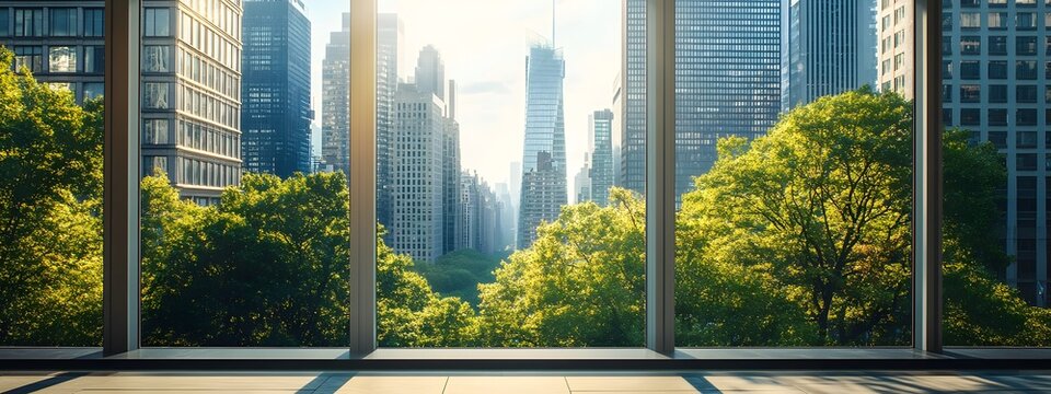 Fototapeta A view of the city from inside an office building, the New York skyline visible through glass windows. Trees can be seen outside, with towering skyscrapers in the distance. 