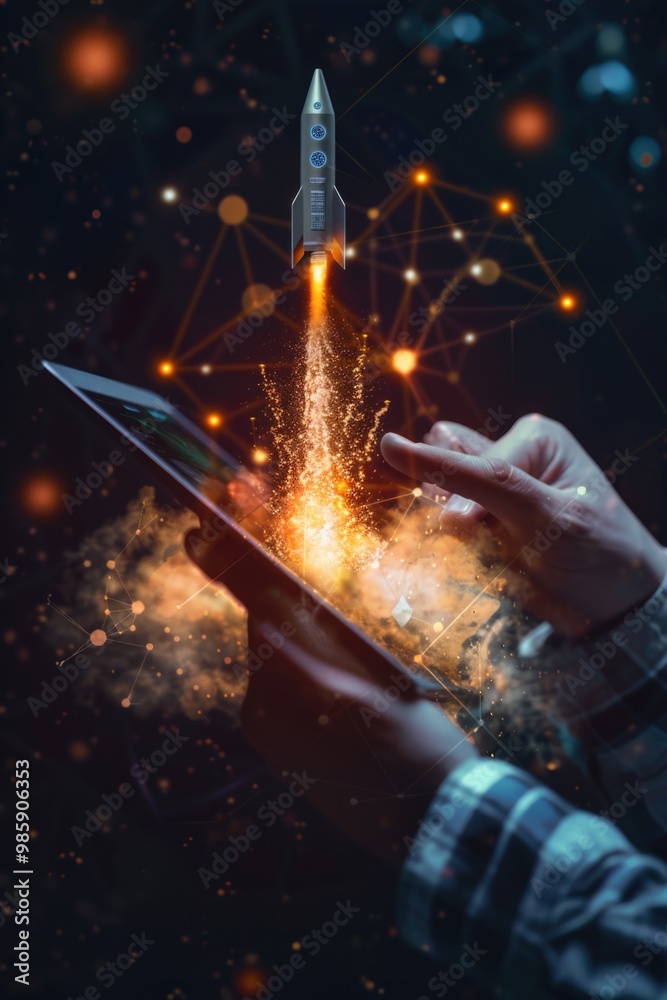 Aufkleber a person holding a tablet with a rocket emerging from it, possibly representing technological innova