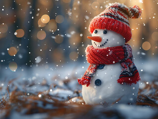 An image of a snowman in the snow with warm, pleasant colors. A New Year's card. Christmas greeting.